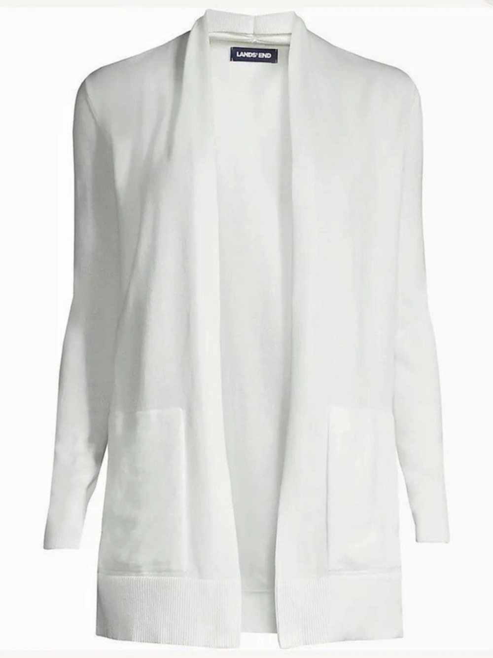 Lands’ End 100% Cotton Open Front Cardigan Sweater Ivory Long Sleeve Pockets S